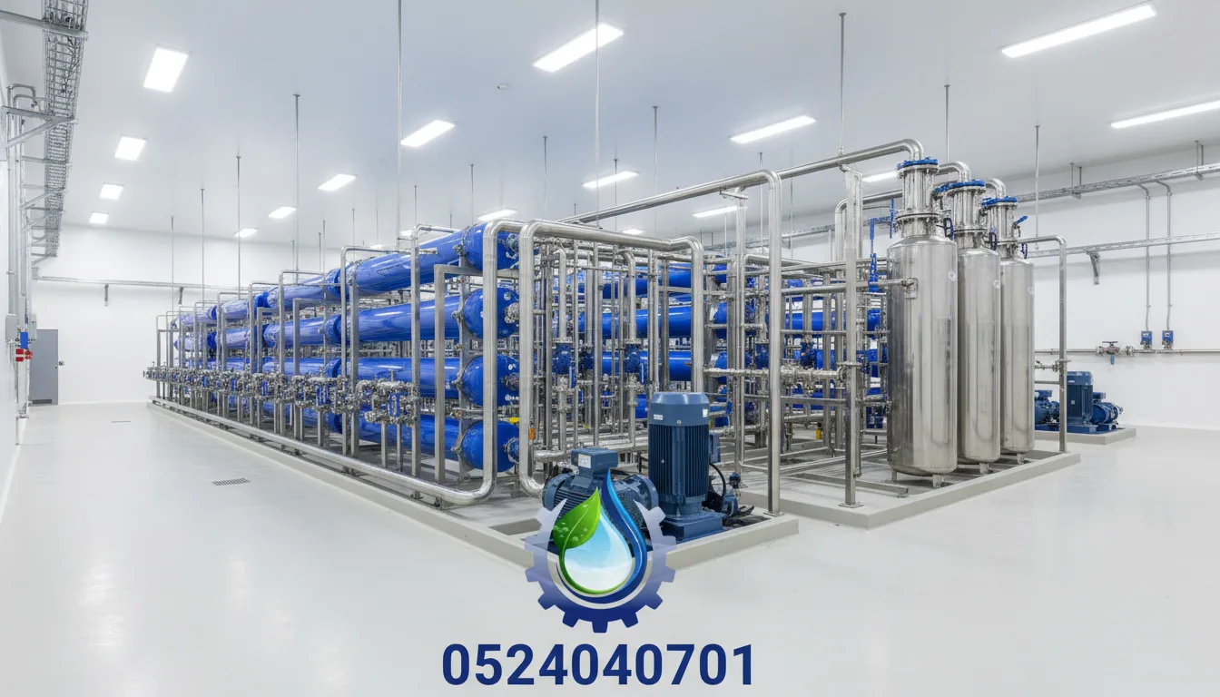 أنواع محطات تحلية المياه الصناعية مع رقم 0524040701 وشعار الشركة في المنتصف السفلي