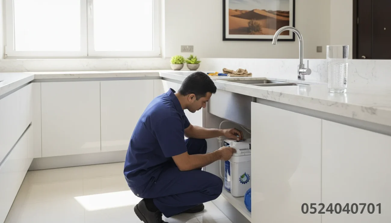 فلتر مياه منزلي مع رقم التواصل 0524040701 وشعار الشركة