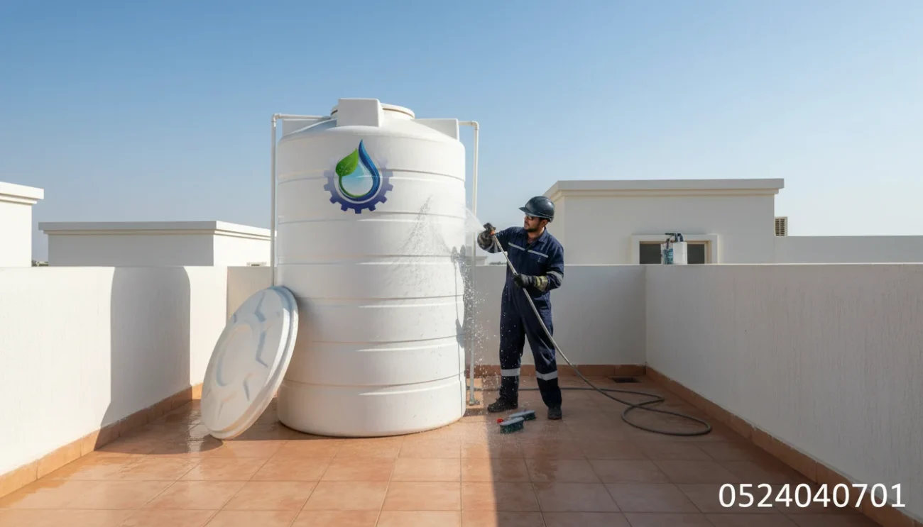 عامل يقوم بتنظيف خزان المياه من الداخل مع رقم 0524040701 وشعار الشركة