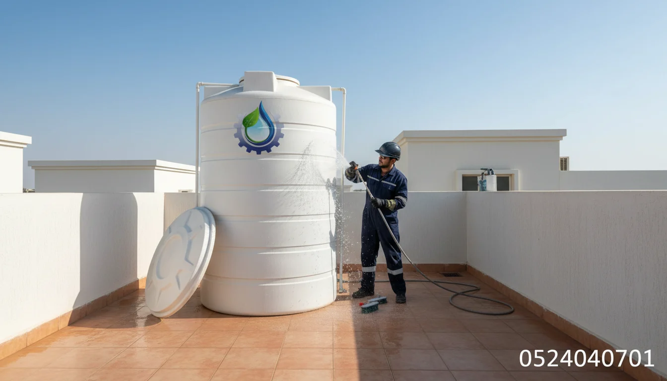 عامل يقوم بتنظيف خزان المياه من الداخل مع رقم 0524040701 وشعار الشركة