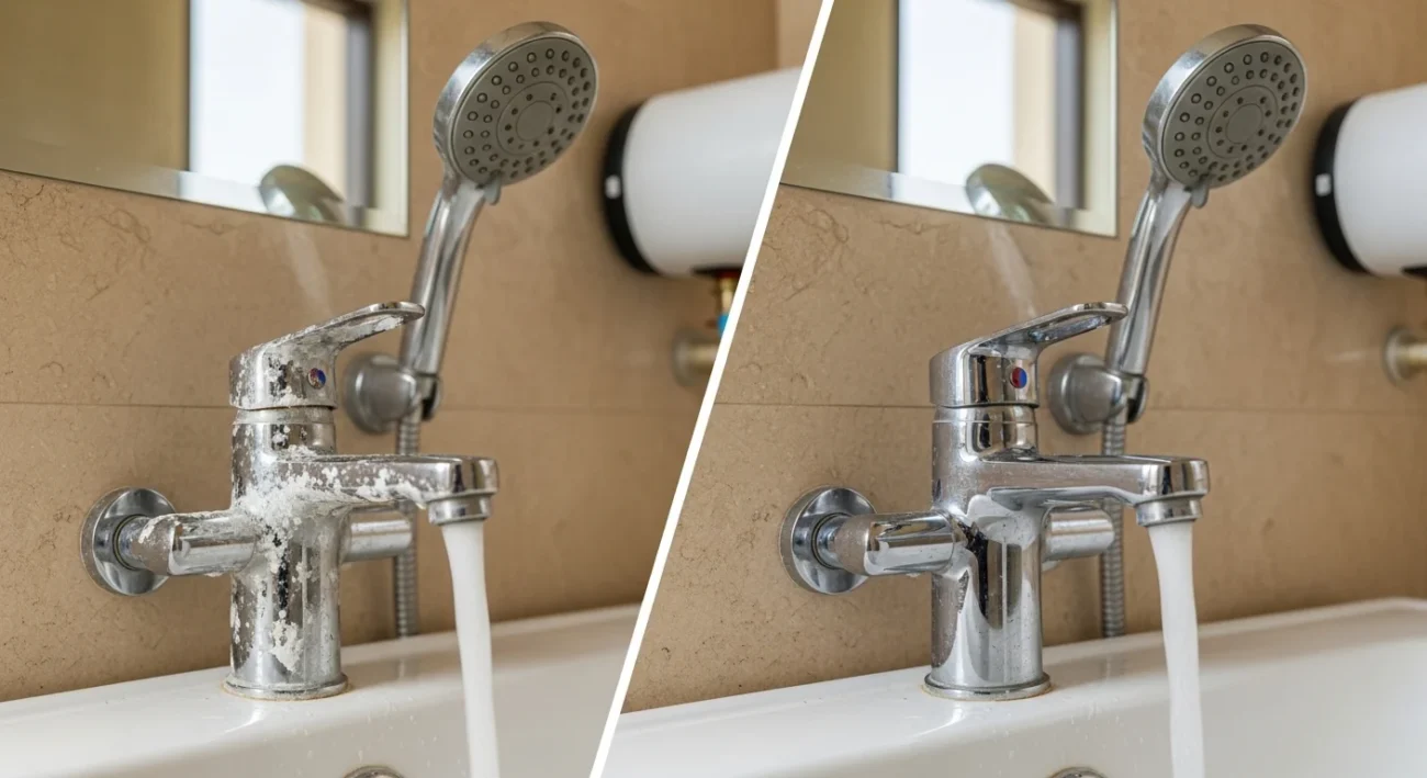 ترسبات الكالسيوم والتكلسات الناتجة عن عسر مياه الإمارات على الحنفيات ورؤوس الدش