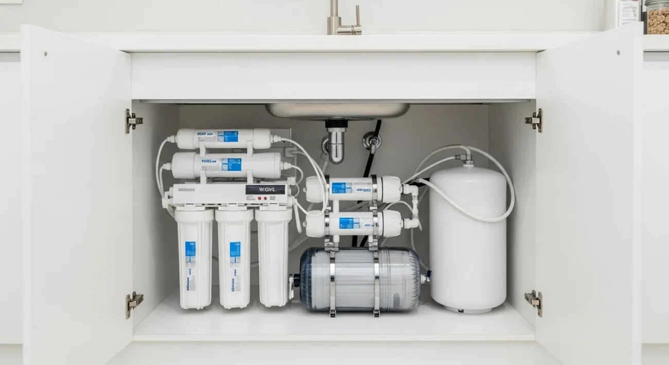 نظام تحلية منزلي RO في الإمارات مثبت داخل مطبخ حديث
