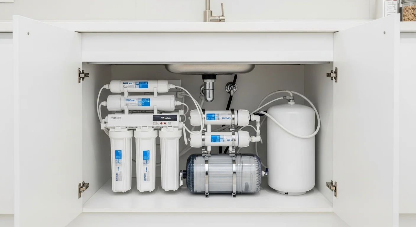 نظام تحلية منزلي RO في الإمارات مثبت داخل مطبخ حديث