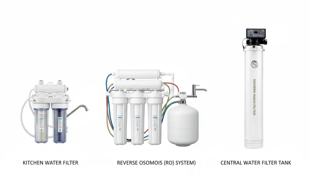 مقارنة بين أنواع فلاتر المياه المنزلية المتوفرة في الإمارات.
