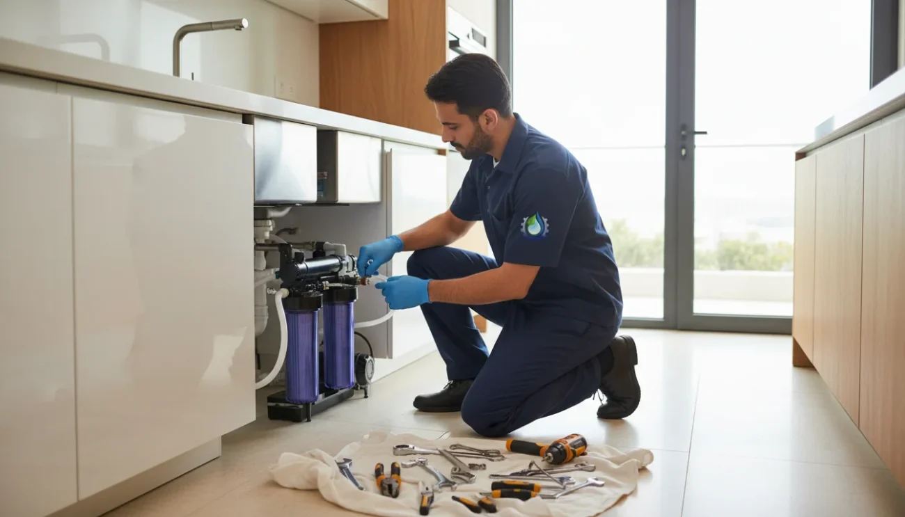 فني يقوم بتركيب فلتر مياه داخل منزل في الإمارات