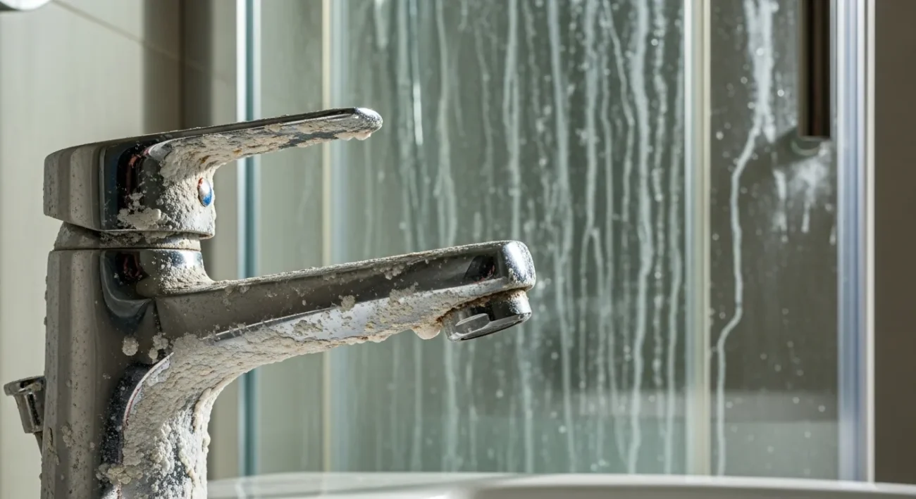 تراكم تكلسات بيضاء على حنفية حمام في منزل بعجمان